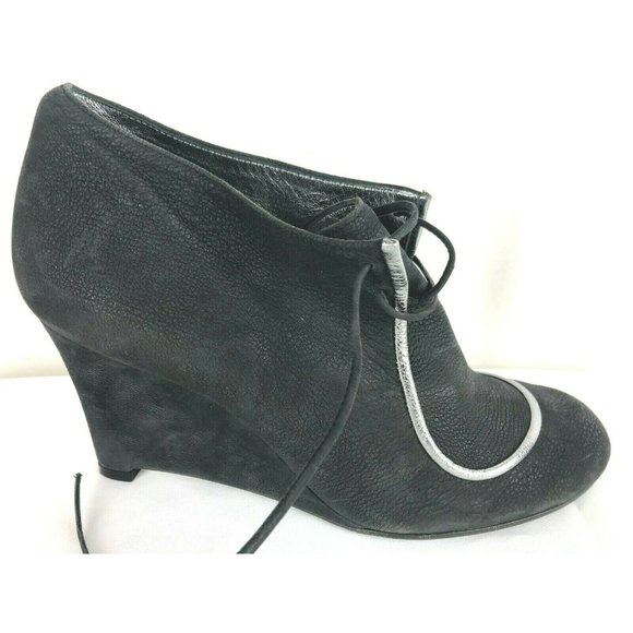 MICHEL VIVIEN Italy Black Wedge Booties Black Pebble Suede Leather Boots Sz 39 - Picture 3 of 9